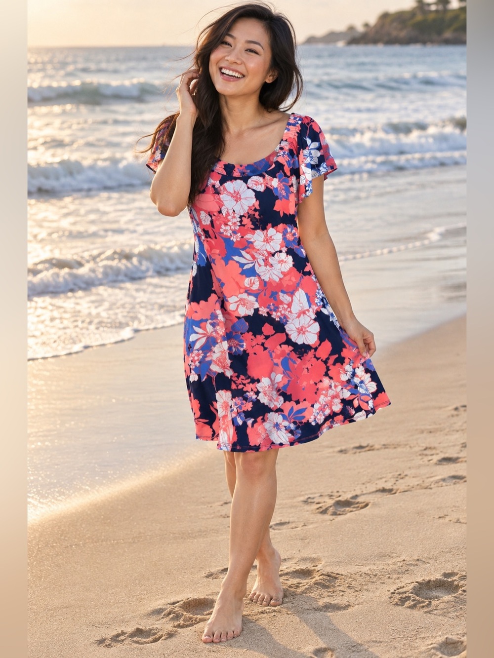Robbie Bee Navy and Coral Floral Midi Dress